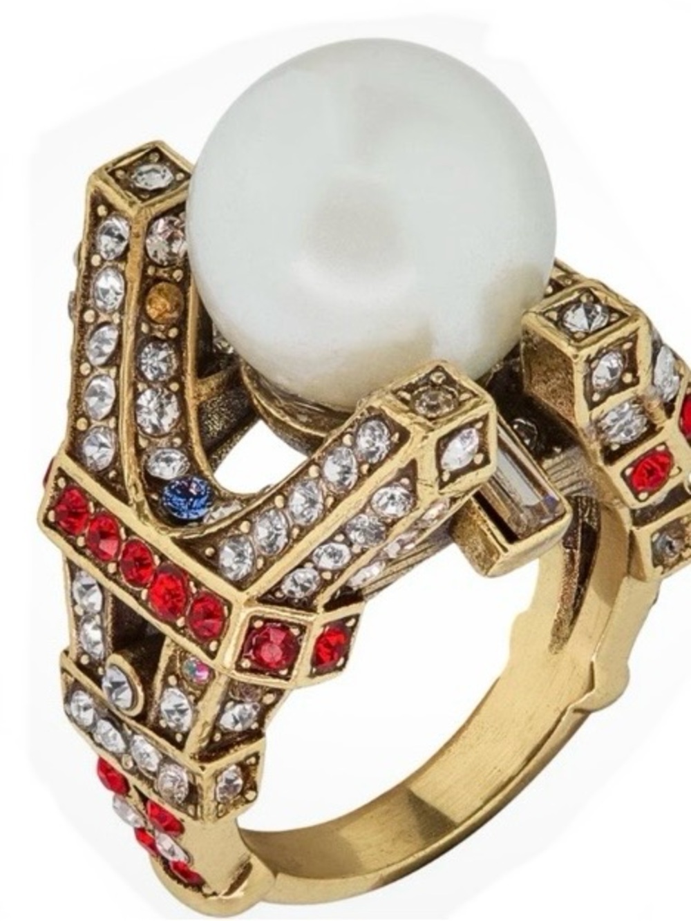Heidi Daus Gold-Tone Pearl Ring with Red and Clear Crystals
